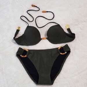 Victoria's Secret Island Vibes Olive Green & Bamboo Look Accent Bikini Set